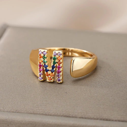 Anelli con lettera zircone arcobaleno per le donne Moda grosso lettera larga AZ anello in acciaio inossidabile matrimonio gioielli Boho spedizione gratuita