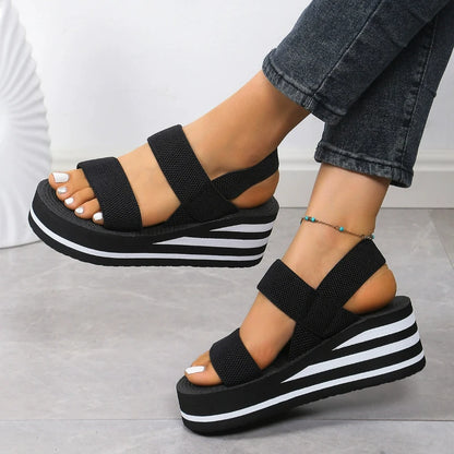 Damen-Sommersandalen, Keilsandalen, lässige Plateau-Sandalen, Knöchelriemen-Sandalen, leichte Damenschuhe in Unifarben