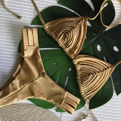 2025 Nuovo Fasciatura Strisce Bikini Brasiliano Costumi da Bagno Costume da Bagno da Donna Due Pezzi Set Femminile Sexy Lace up Mujer Beachwear Estate