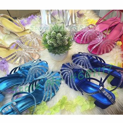 Sandali in raso con tacco medio a gabbia di cristallo da donna Scarpe femminili di lusso in pelle metallizzata Scarpe da sera estive con cinturino alla caviglia da donna