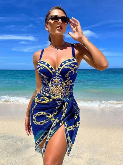 2025 New Underwire Women Sexy Swimsuit 2 Pieces Swimwear Slim Monokini Chains Print Push Up Bikinis Black Blue Green Beachwear