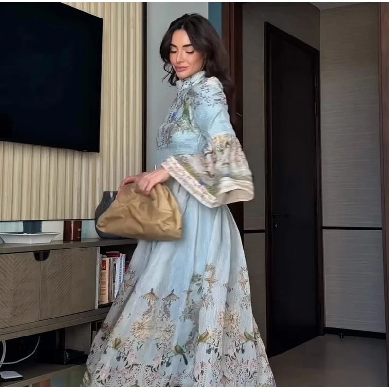 Abito Lungo da Donna con Stampa, Scollo a V, Maniche a Campana, Bordo a Foglia di Loto, Vita Alta, Vestito Maxi Aderente, Elegante Abito da Sera per Feste