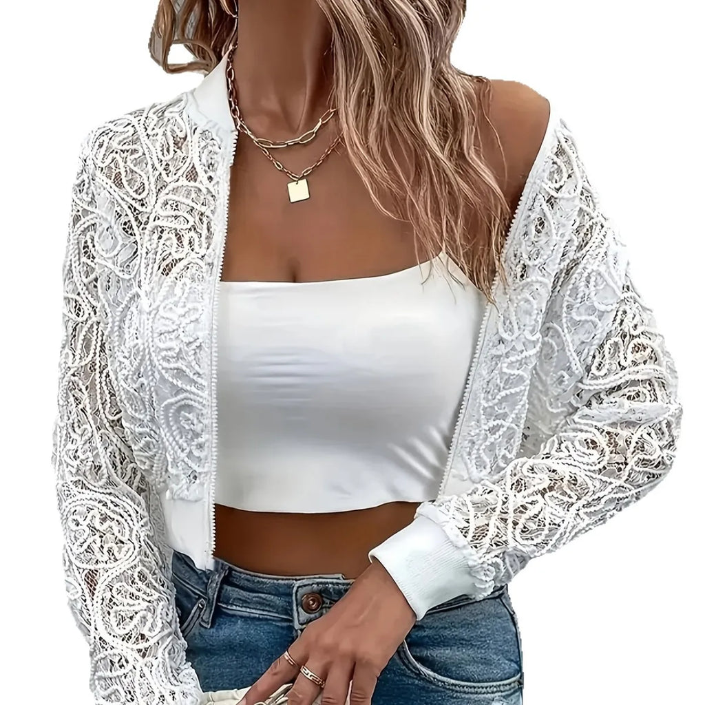 Cappotto corto con cerniera in pizzo bianco stile europeo e americano, top cardigan sottile cavo alla moda, nuovo in primavera e autunno