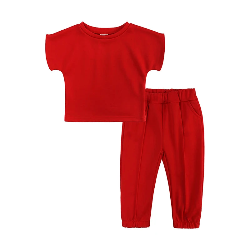 Moda Bambini Bambine Abbigliamento 2 pezzi Set T-shirt casual in cotone solido + Pantaloni in vita elastica Completi per bambini piccoli 1-6 anni