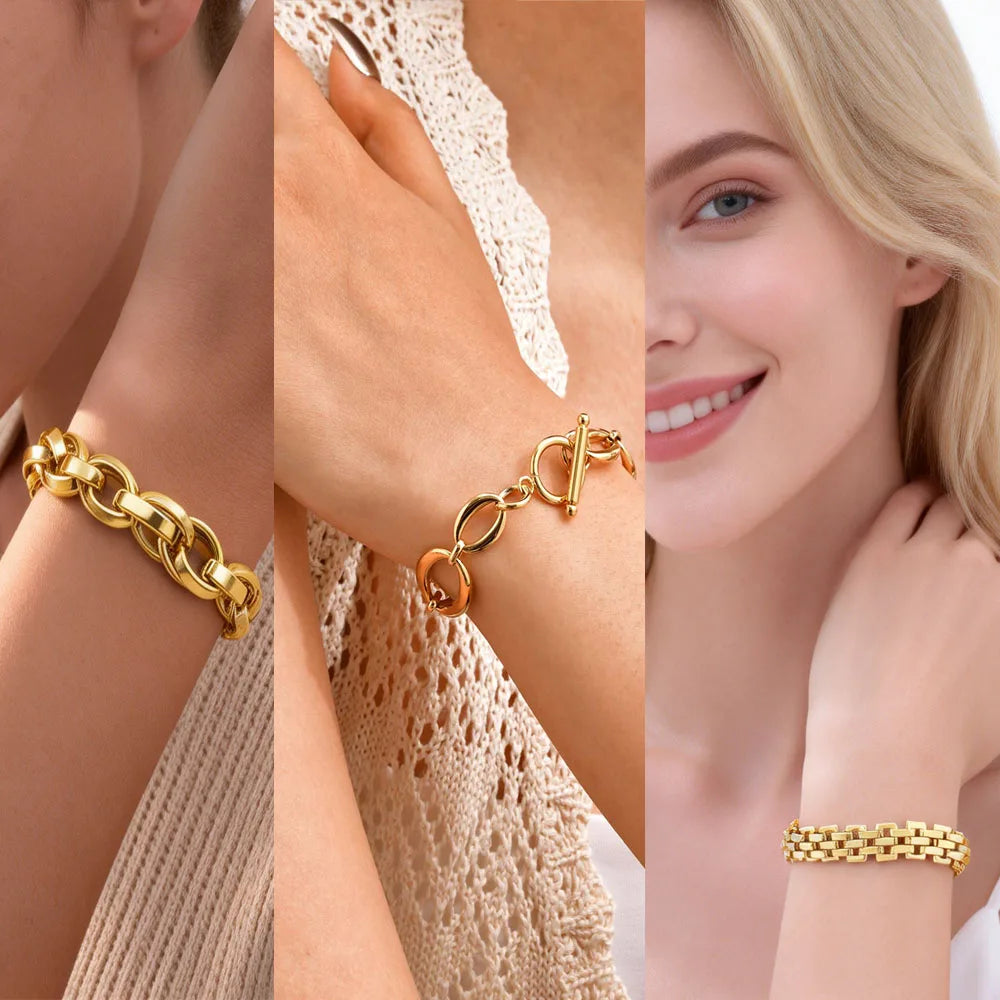 Braccialetti a ginocchiera robusti e audace da donna, bracciale a catena a maglie con fibbia OT in acciaio inossidabile placcato oro senza appannamento