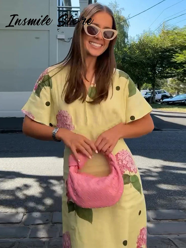Abito da donna stampato a fiori casual Abito lungo femminile allentato a maniche corte con scollo a V profondo 2025 Primavera Estate Nuova moda Lady Robe