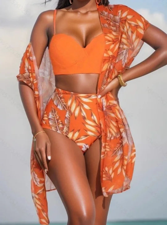 Elegante stampa 3 pezzi bikini set costume da bagno donna vintage bikini a vita alta maglia cover up 2025 nuovo costume da bagno biquini femminile