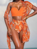 Elegante stampa 3 pezzi bikini set costume da bagno donna vintage bikini a vita alta maglia cover up 2025 nuovo costume da bagno biquini femminile