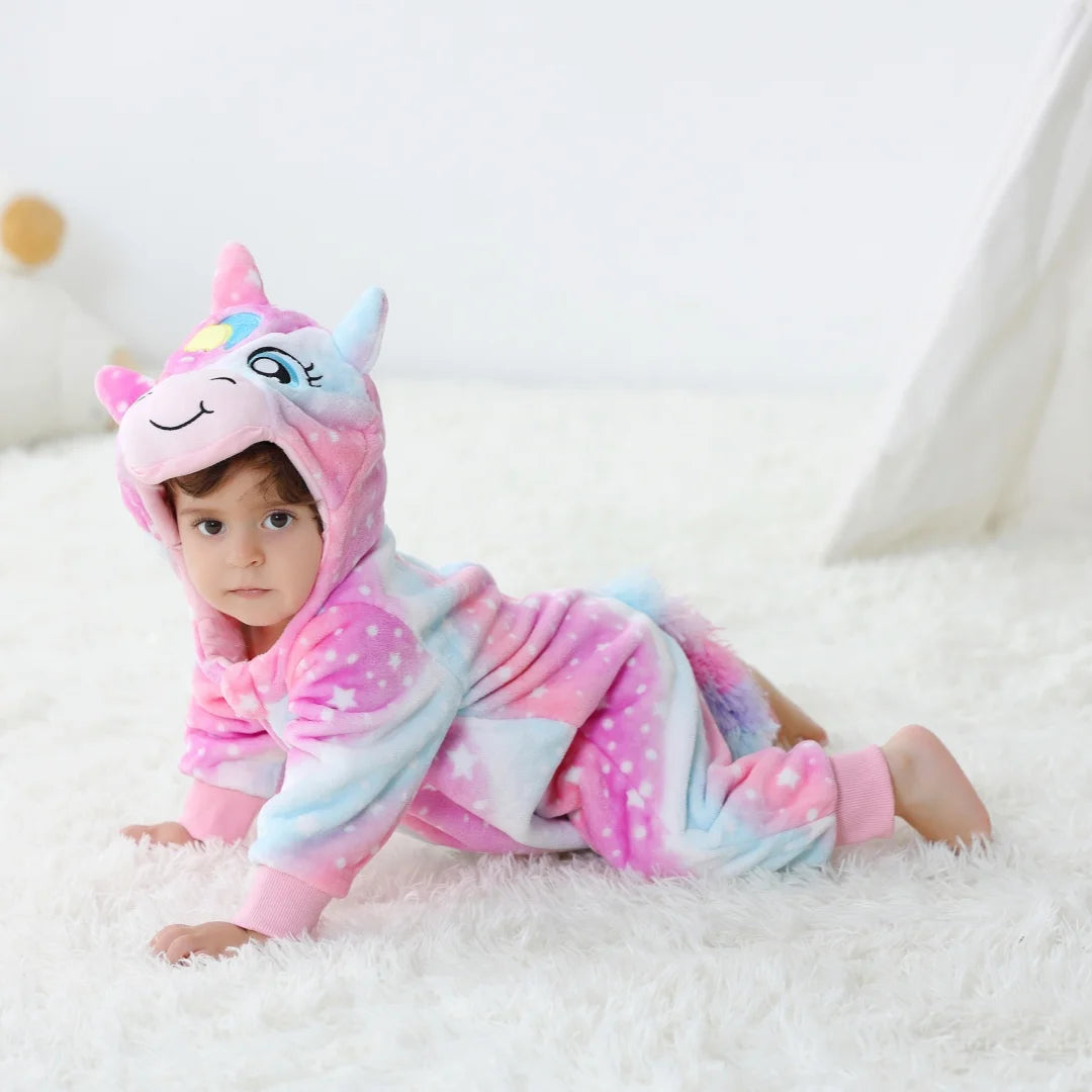 Tute per bambini unicorno con cappello Pagliaccetti per bambini in flanella per ragazzi e ragazze Tute intere a maniche lunghe Pigiama intero morbido e traspirante