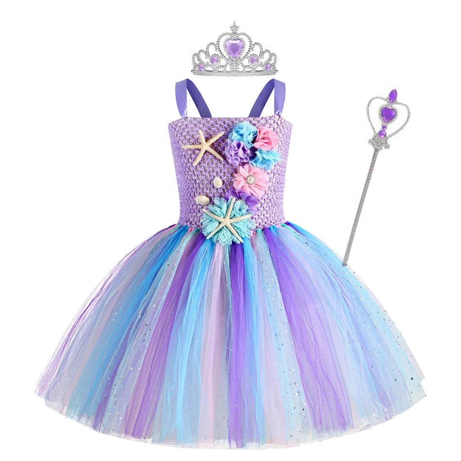Abito tutù a sirena per ragazze sotto il mare Costumi di carnevale per feste di compleanno a tema con fascia per fiori Abiti per Halloween oceano 1-12 anni