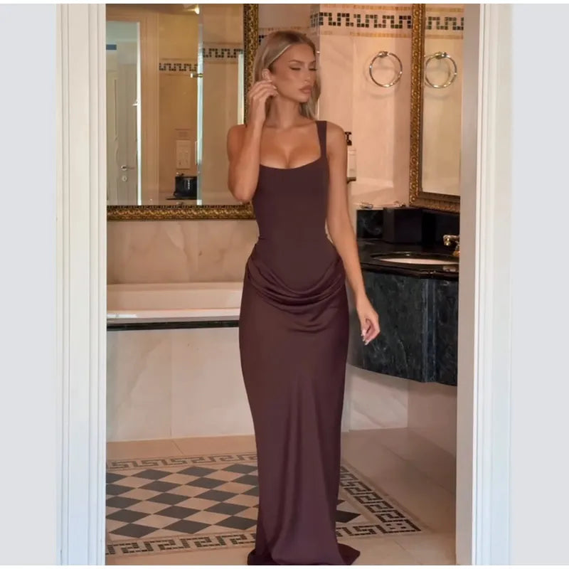 Elegante abito a pieghe con fionda Donna Collo quadrato senza maniche con spalle scoperte Vita stretta Abiti solidi 2025 Abiti da sera da donna