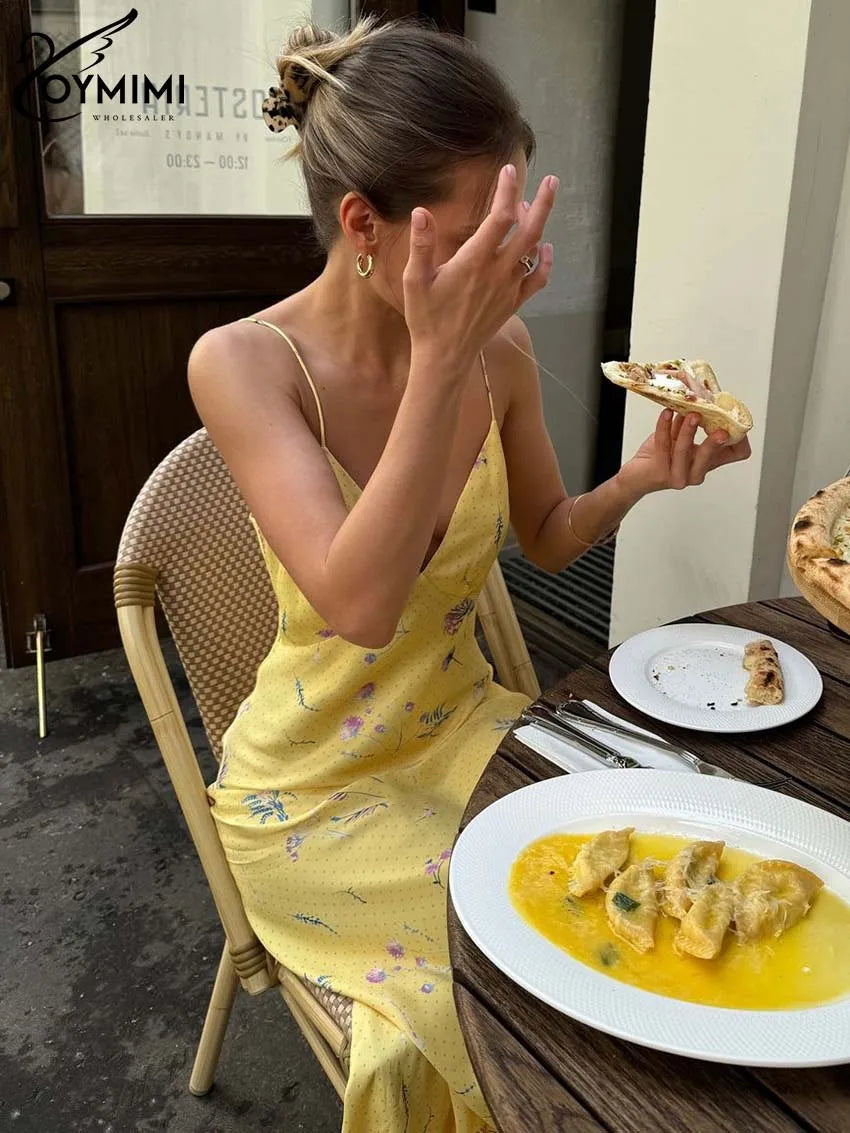 Oymimi Abito da donna casual con stampa gialla Elegante cinturino per spaghetti Abiti aperti sul retro Abito alla caviglia a vita alta moda autunnale