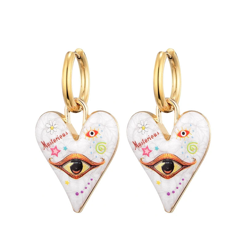 Nuovi orecchini a cerchio in acciaio inossidabile con occhio di cuore carino alla moda per le donne Gioielli femminili di amore con pendente color oro smaltato vintage colorato