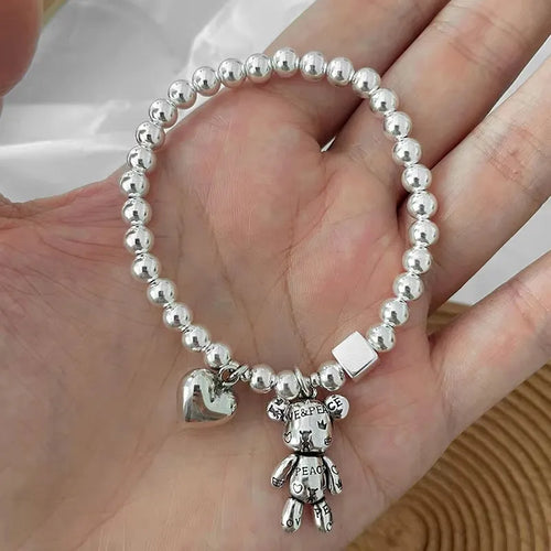 Bracelets en argent sterling 925 pour femmes, perles, accessoires tendance, pendentif ours mignon vintage simple, bijoux de fête