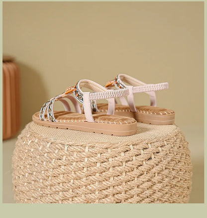 Elegante Damen-Sommersandale im Bohemian-Stil, rutschfest, bequem, für Alltag, Urlaub, flache Strandschuhe