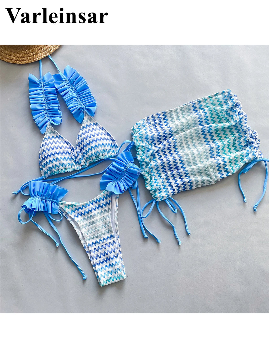 Con gonna Waved Ruffled Bikini con volant costume da bagno femminile costumi da bagno donna tre pezzi Bikini set bagnante costume da bagno Swim V5235