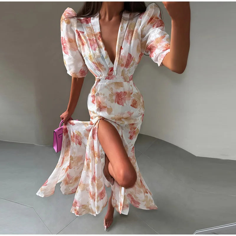 Abito Lungo da Donna con Stampa, Scollo a V, Maniche a Campana, Bordo a Foglia di Loto, Vita Alta, Vestito Maxi Aderente, Elegante Abito da Sera per Feste