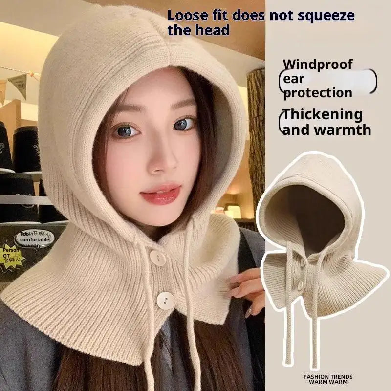 Cappello invernale caldo in maglia da donna, cappuccio tinta unita, berretto monopezzo con collo, cappello da esterno in cashmere