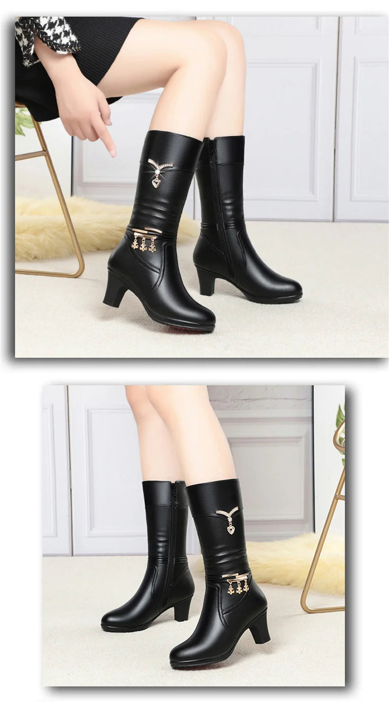 Women Comfortable Fleece Medium Boots Autumn Winter New Style Thick Heel Side Zipper Pointed Fashion High Heels Boots