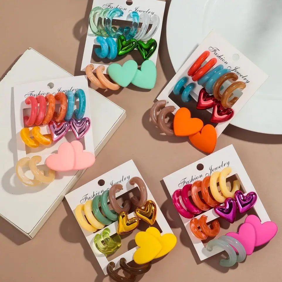 Boucles d'oreilles géométriques en acrylique pour femmes, 7 paires, colorées, cercles en résine, clous d'oreilles en forme de cœur, ensemble de bijoux, cadeaux d'anniversaire