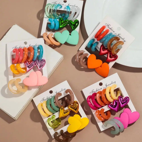 Boucles d'oreilles géométriques en acrylique pour femmes, 7 paires, colorées, cercles en résine, clous d'oreilles en forme de cœur, ensemble de bijoux, cadeaux d'anniversaire
