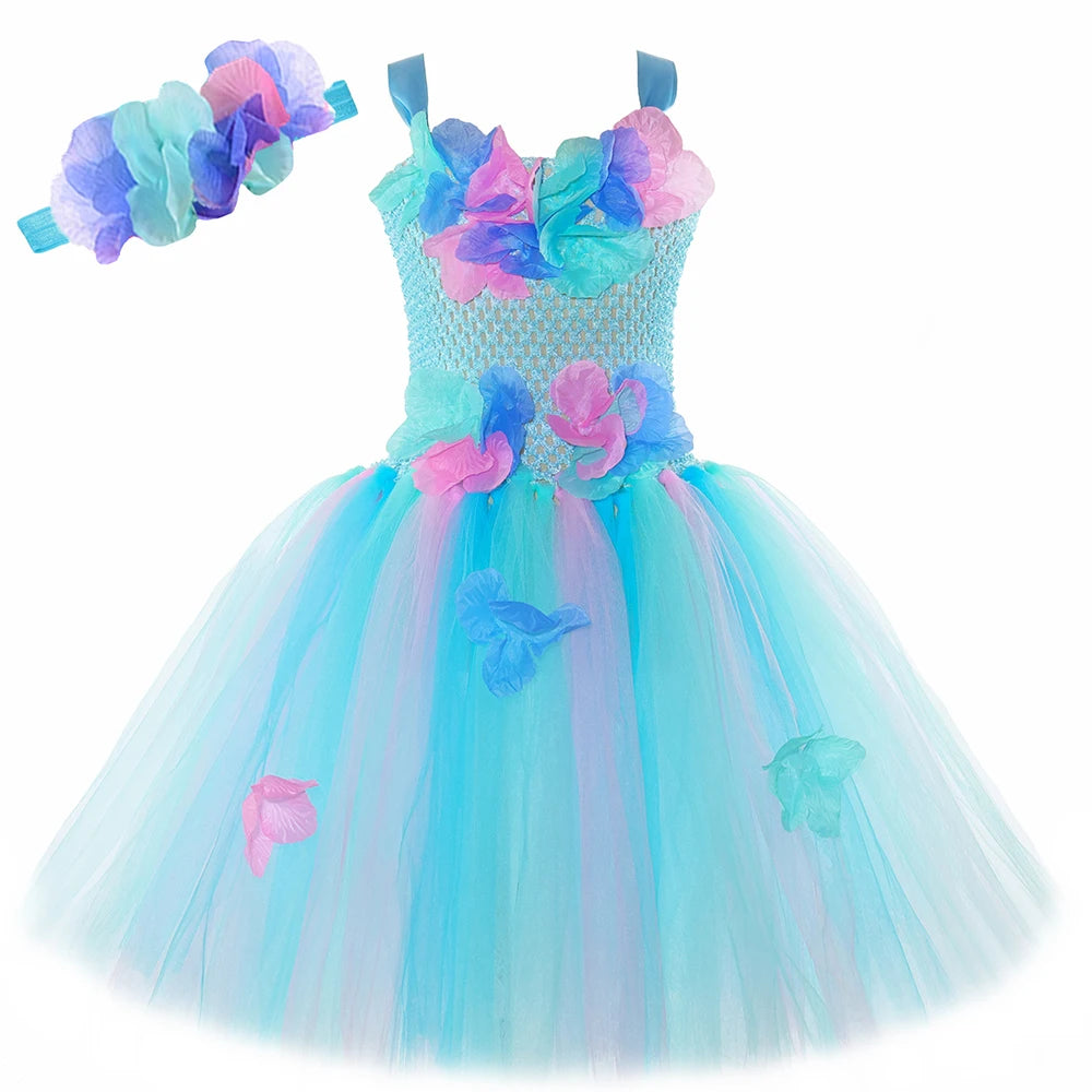Costumi da fata dei fiori turchese per ragazze Abiti da principessa fata farfalla con ali Bacchetta per bambini Vestito da tutù di carnevale di Halloween