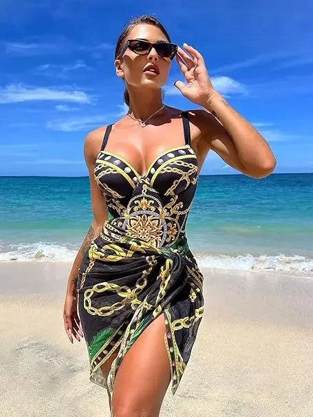 2025 Women One Piece Wired Monokini + Wrapped Skirt Black/Blue/Green Chain Printed Sexy Slim Fit Hanging Straps Hard Pack Bikini