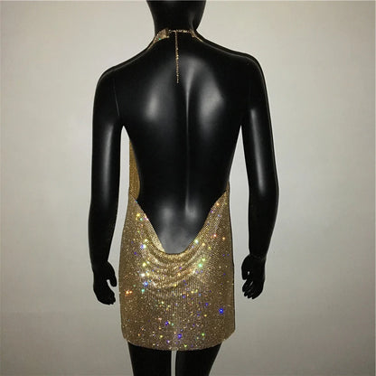 Mini abito sexy con scollo a V senza schienale per le donne Abiti da sera da club per feste con strass lucidi con scollo all'americana e spacco laterale