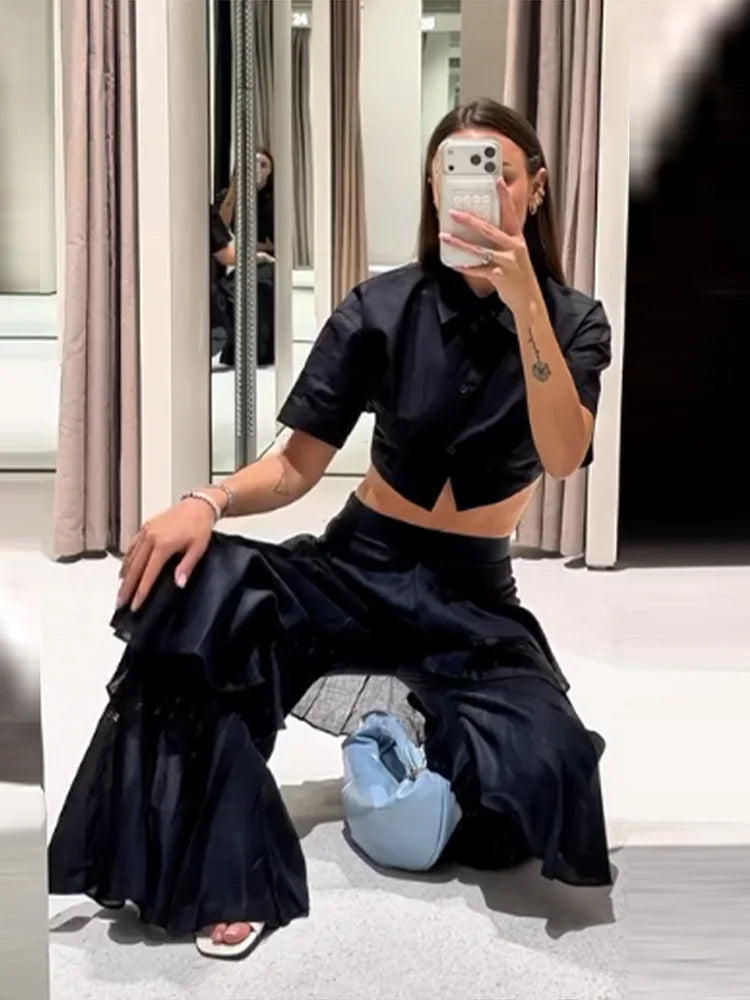 Pantaloni a Balze a Strati Blu Navy alla Moda da Donna, a Vita Alta e Gamba Larga, Lunghi, Nuova Collezione 2026, Casual da Vacanza e Streetwear