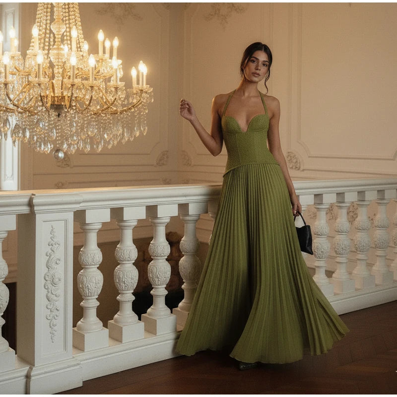 Chic Green Fishbone Halter Abito lungo Lady Solid Sexy Backless Pieghettato Off-spalla Abiti a trapezio 2025 nuovo abito da festa di Natale