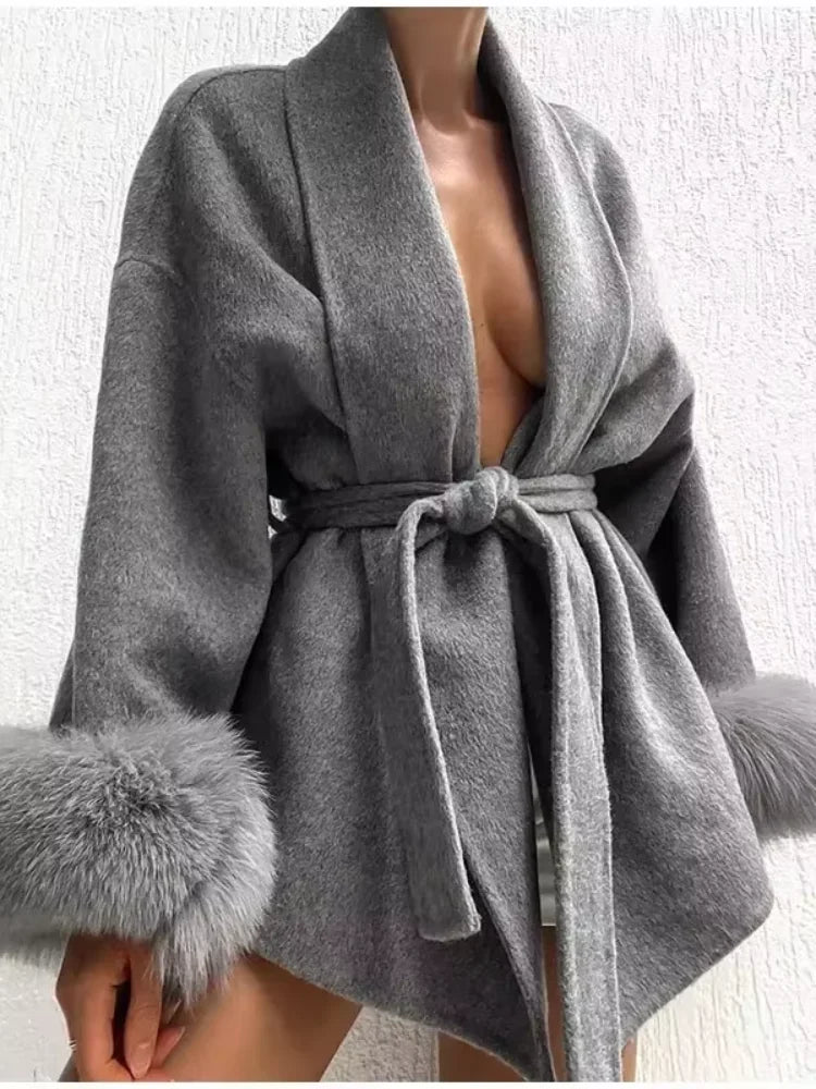 Cappotto di lana patchwork in pelliccia solida Moda donna Manica intera Scollo a V Con lacci Cappotto lungo allentato Autunno Ufficio Pendolarismo Lady Outwear