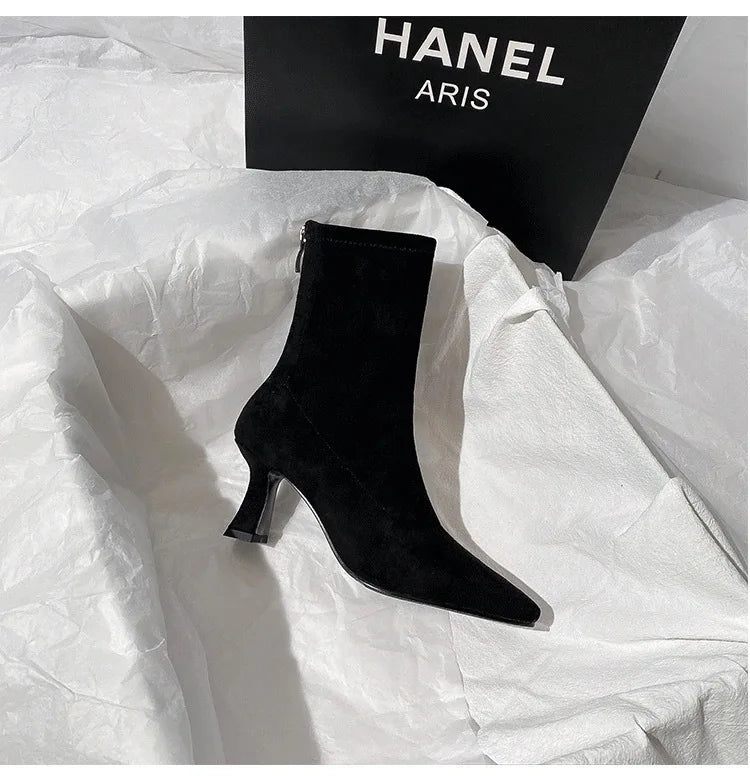 Pointed Toe Women Sock Short Boots Fashion Side Zipper  Ankle Booties Thick High Heel Autumn Winter Ladies Shoes Botas Femininas