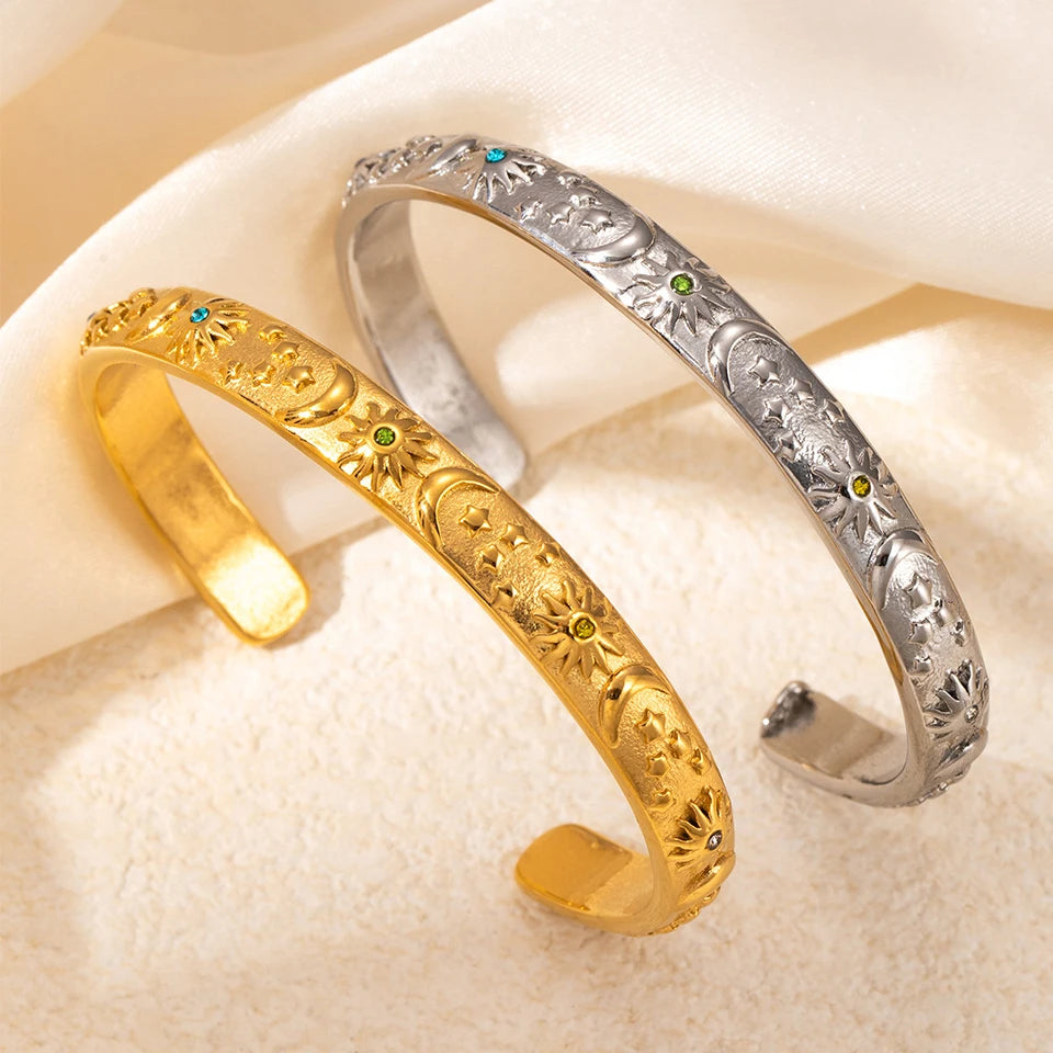 Bracciale rigido classico in acciaio inossidabile con stella lunare e sole, eleganti braccialetti aperti in metallo per le donne, regalo per feste