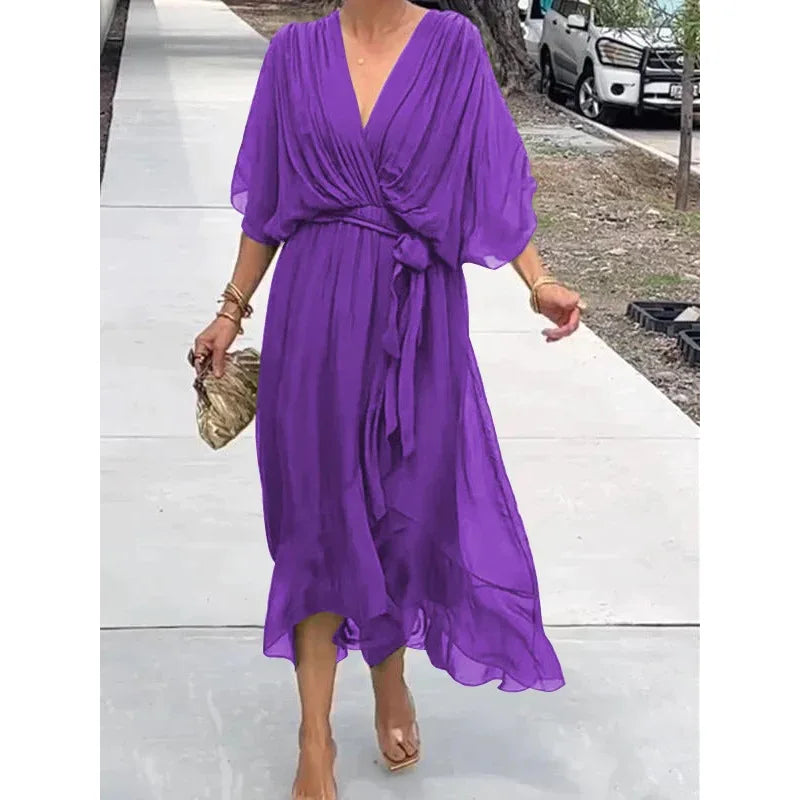 Abiti da festa eleganti in chiffon solido per le donne Sexy scollo a V maniche a pipistrello Lace Up Ruffles Abito lungo irregolare Abito casual Femme