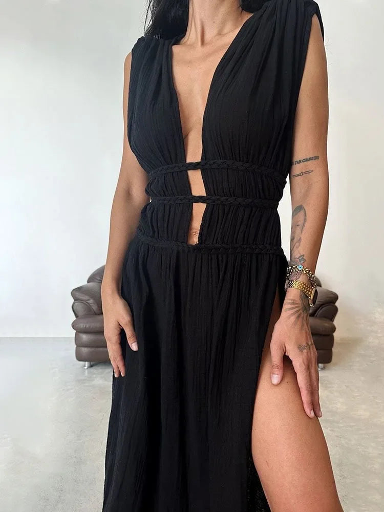 Copricostume Sexy 2026 con Scollo a V e Schiena Aperta, Vestito Lungo da Spiaggia per Donna con Cintura Intrecciata, Tunica Lunga con Spacco, Abito Vintage da Festa A2922