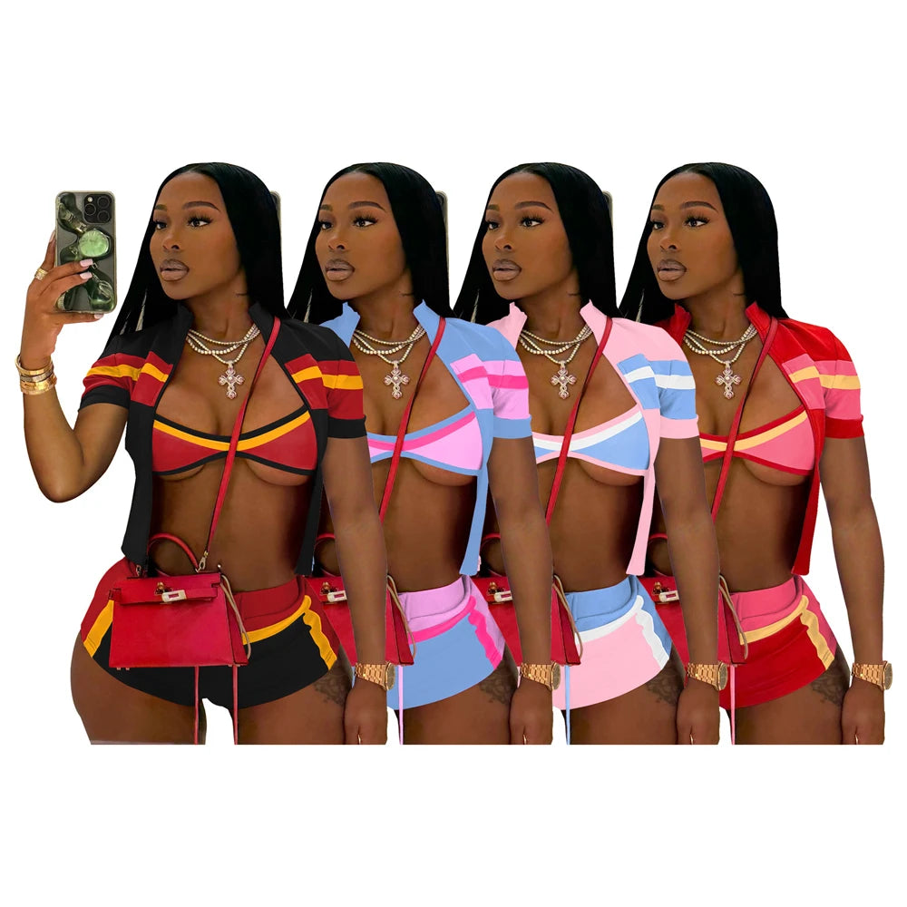 Sommer Sexy 3-teiliges Set Damen Fitnessstudio Outfits Farbblock Trainingsanzug BH Reißverschlussjacke und Shorts Sets Damen Club Abendkleidung
