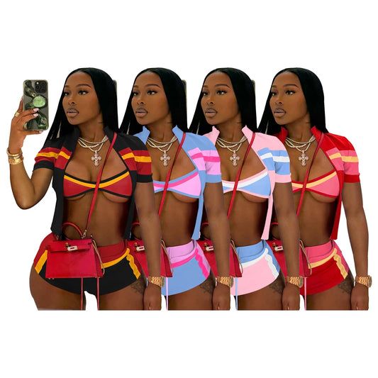 Summer Sexy 3 Piece Set Women Fitness Gym Outfits Color Block Tracksuit Bra Zip up Jacket and Shorts Sets Female Club Night Wear