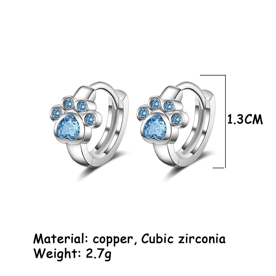 Orecchini a cerchio con zampa di gatto color argento Orecchini a cerchio con pietra di cristallo rotonda a forma di cuore azzurro Orecchini per ragazze carine Cerchi per feste con zirconi blu