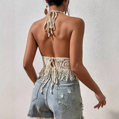 Damen Sommer Strand Boho Crop Tops Sexy Y2K Gestrickte Rückenfreie Tank Tops Häkeln Quasten Saum Neckholder BHs Bustier Top
