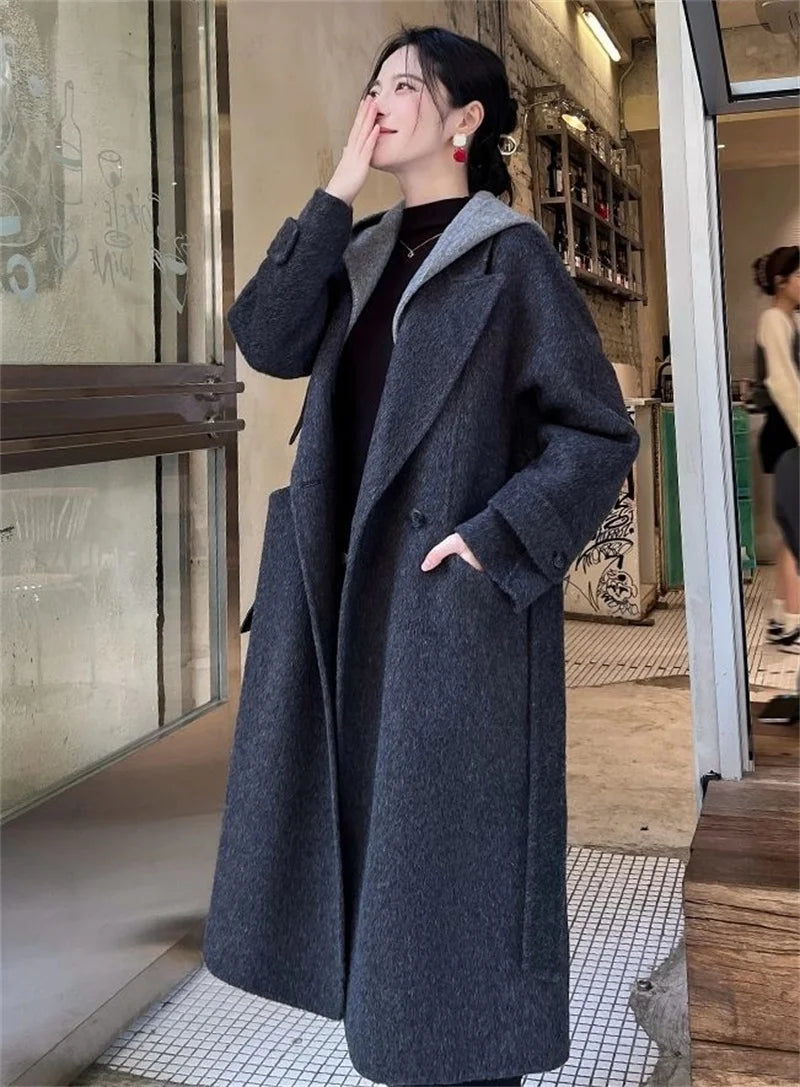 Giacca Invernale da Donna a Maniche Lunghe in Lana, Cappotto Casual di Alta Qualità per l'Autunno, Moda Coreana Femminile, Cappotto in Lana con Cappuccio e Vestibilità Comoda