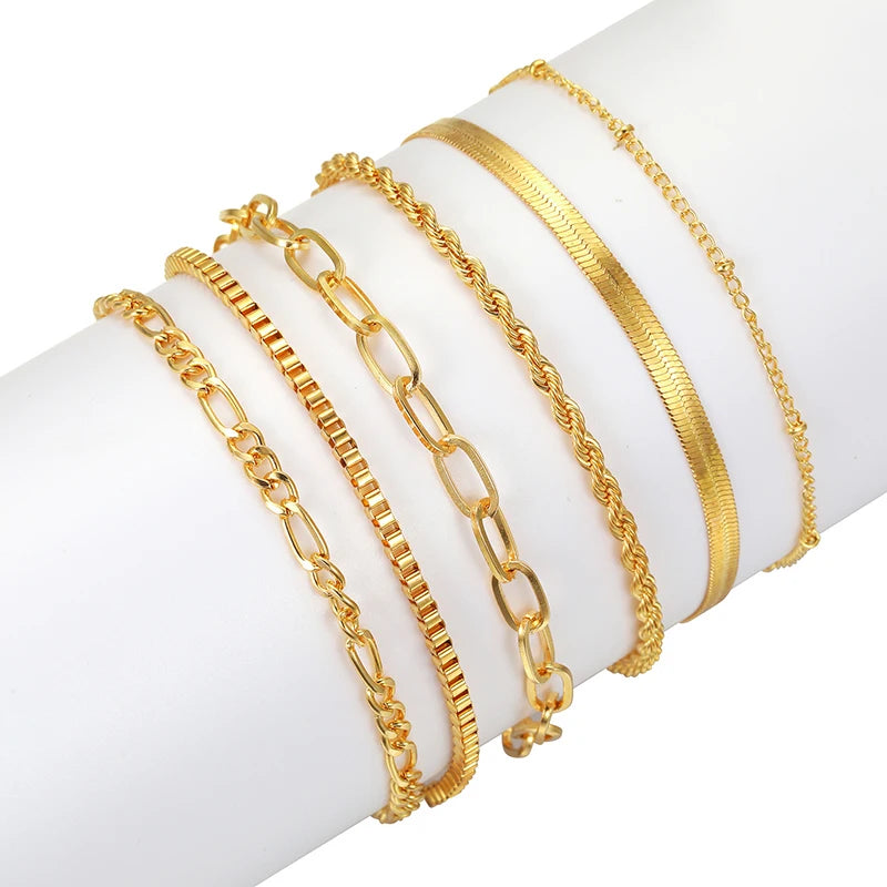 6 pz/set Bohemian Multi-strato Braccialetti A Catena Sottile per Le Donne Minimalista Colore Oro Braccialetti di Metallo Estate Y2K Accessori Dei Gioielli