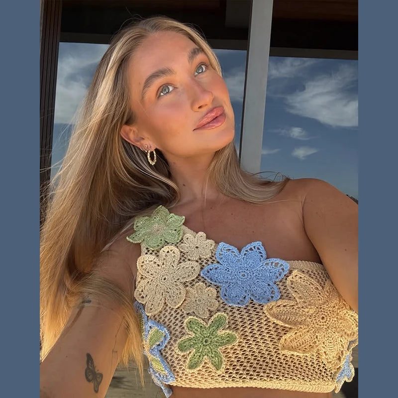 Set di gonne superiori con corsetto da spiaggia lavorato a maglia Set di gonne divise con reggiseno senza maniche con scollo all'americana 3D senza schienale Abiti da donna 2 pezzi Abiti primaverili