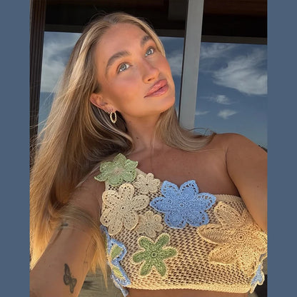 Set di gonne superiori con corsetto da spiaggia lavorato a maglia Set di gonne divise con reggiseno senza maniche con scollo all'americana 3D senza schienale Abiti da donna 2 pezzi Abiti primaverili