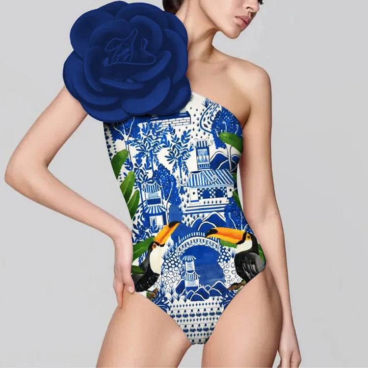 Costume da bagno floreale con stampa floreale con volant monospalla blu Set copricostume singolo micro monokini costumi da bagno sexy per ragazze Summer Beach