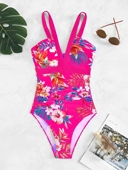 2026 Strappy Swimsuit One Piece Printed Floral Swimwear Women Bathers Bathing Swimming Swim Suit Padded Beachwear Summer XXL