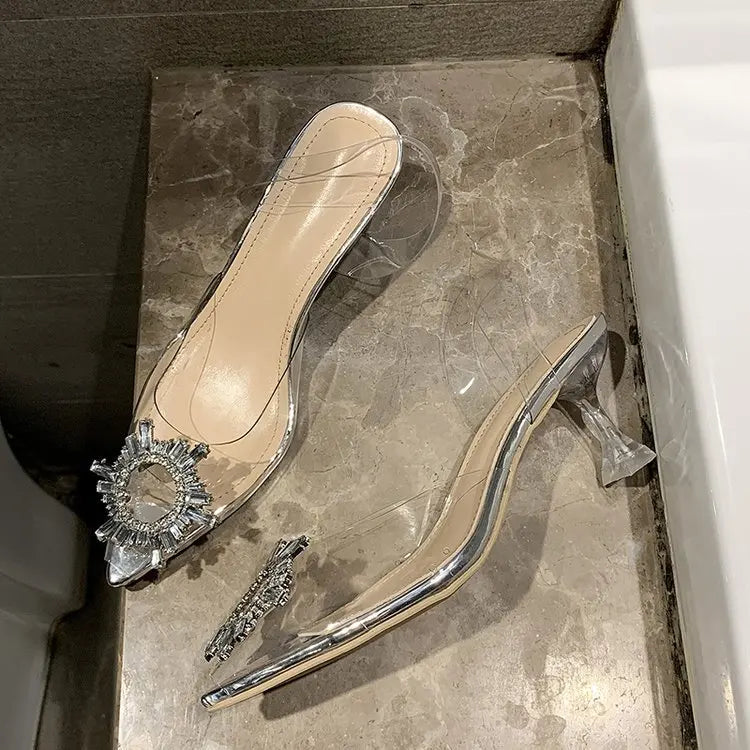 Sandali con tacco alto a punta da donna estivi Pantofola in vetro trasparente Tacco spesso Scarpe alla moda a forma di vetro da vino