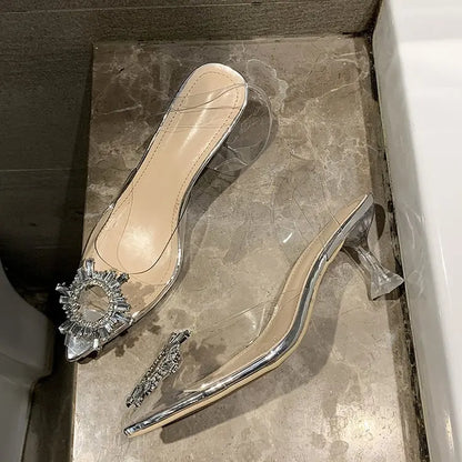 Sandali con tacco alto a punta da donna estivi Pantofola in vetro trasparente Tacco spesso Scarpe alla moda a forma di vetro da vino