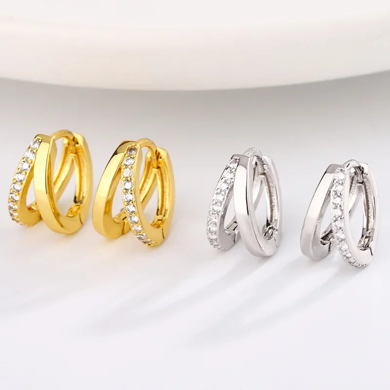 Orecchini a Cerchio in Acciaio Inossidabile Color Oro per Donne, Semplici Orecchini a Doppio Anello con Zirconia Cubica, Gioielli per Piercing alla Cartilagine