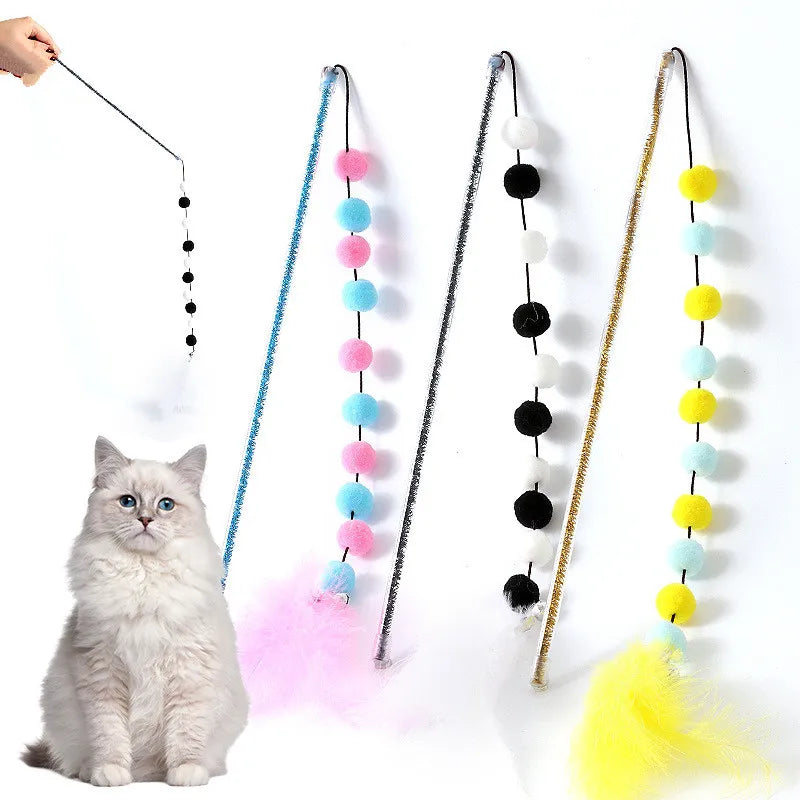 Giocattolo per gatti Pompon Giocattoli per gatti Giocattoli interattivi di piume per gatti Stuzzicare i gatti Giocattolo per gatti durevoli Bastone da gioco Palla di peluche Forniture per animali domestici