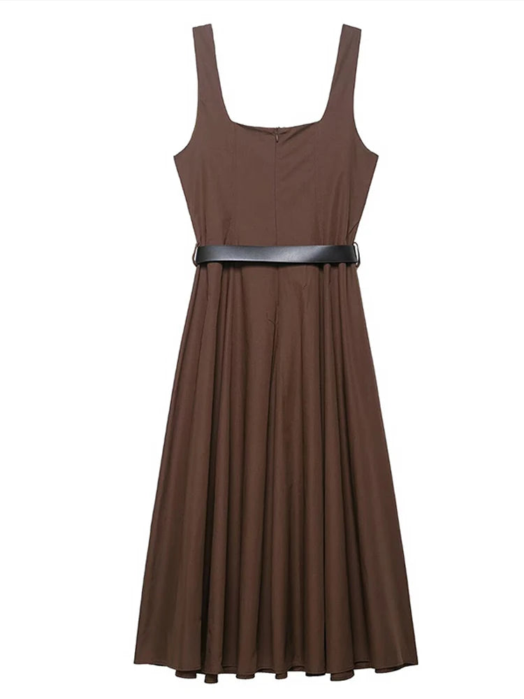Cintura di moda Piega Abito lungo Donna Colletto quadrato Senza maniche Backless A-line Party Maxi Abiti 2025 Summer Office Lady Vestidos